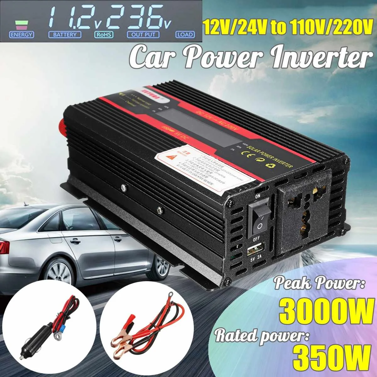 

Car Inverter 12V 220V 3000W Pe ak Power Inverter Voltage Convertor Transformer 12V/24V To 110V/220V Inversor + LCD Display