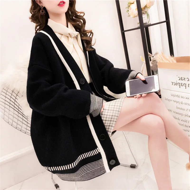 ^Cheap Women Knitted Loose Thermal Korean Design Sweater Cardigan Female Overcoat Harajuku Free Size College Style Coat Black/Khaki ^Cheap Women Knitted Loose Thermal Korean Design Sweater Cardigan Female Overcoat Harajuku Free Size College Style Coat Black/Khaki