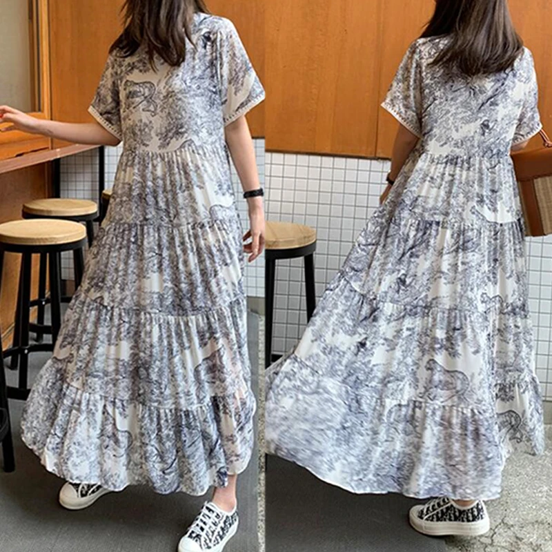White Женские платья размера плюс 4XL,, Летнее Длинное Платье с круглым вырезом, с принтом, с коротким рукавом, в стиле торт, Vestidos, свободные, с вырезом, платья - Цвет: White
