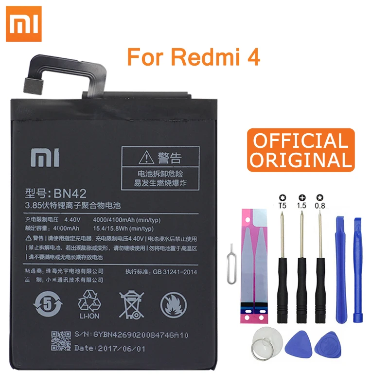 Аккумулятор для телефона Xiao mi BN42 для Xiao mi Red mi Hong mi 4, оригинальные Сменные Аккумуляторы большой емкости, 4000 мА/ч, Бесплатные инструменты