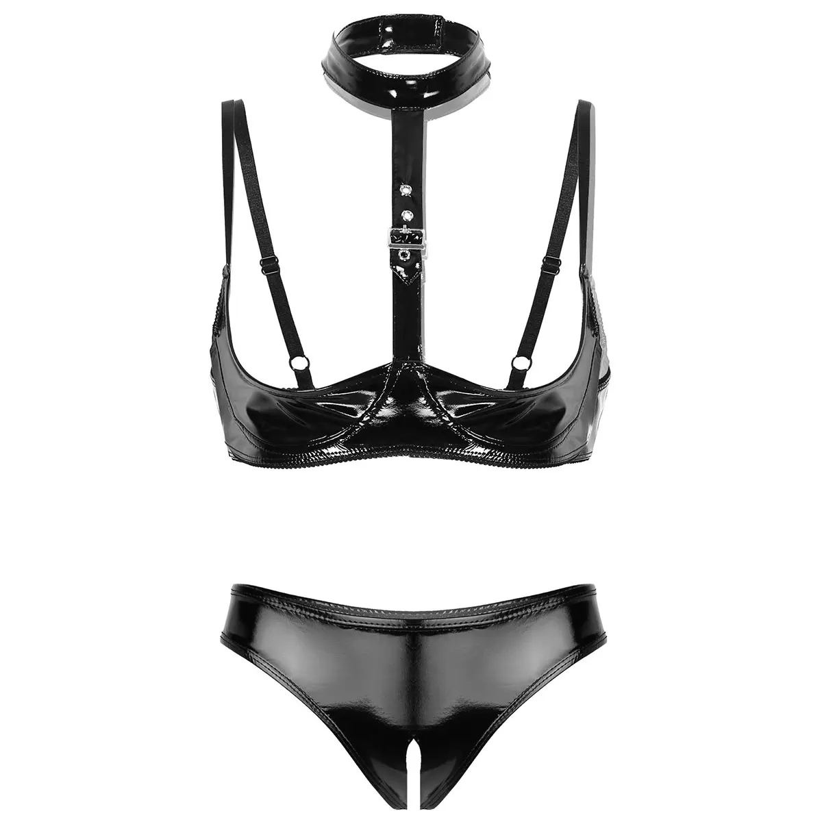 thumbnail image 1 of Conjunto de 2 piezas de lencería sexy de charol con aspecto mojado para mujer, sujetador con copas abiertas y entrepierna abierta, bragas de corte alto, 1 of 5
