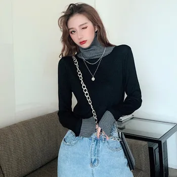 

Women Fashion Patchwork Knitted Turtleneck Sweater Pullover Jumper Autumn Winter Long Sleeve Basic Sweaters Tops truien dames