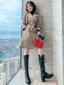 

Design double-breasted collocation knitted shawl lace waist trench coat jacket women's 2020 autumn and winter new