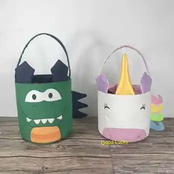 

10pcs/lot new arrival 2 colorsUnicorn Dinosaur Easter Basket Monogrammed Kids Gift Canvas Dinosaur Unicorn Easter Bucket