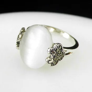 

FNJ White Opal Rings 925 Silver Original S925 Thai Silver Ring for Women Jewelry MARCASITE
