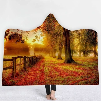 

Nature Scenery 3d Print Hooded Blanket Spring Fall Winter Forest Pattern Thick Fleece Blanket Couch Bed Wearable Sofa Blankets
