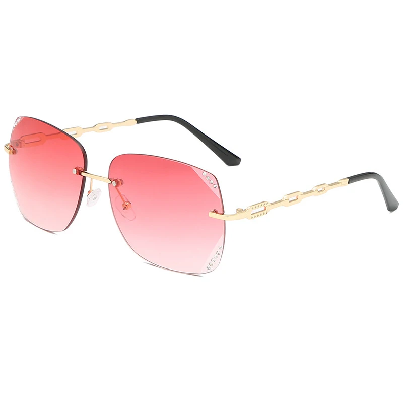 KUJUNY, безрамные обрезные солнцезащитные очки, женские, люксовый бренд, солнцезащитные очки, дамские, без оправы, алмазные очки, мужские, полые, металлические очки - Цвет линз: Розовый