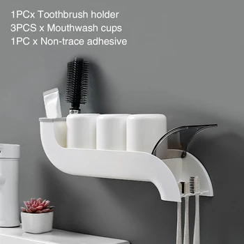 

Multi Grids Adhesive Toothbrush Holder Drain Rack 3 Mouthwash Cups Toothpaste Storage With Dust Cover Non Punching Wall Mounted