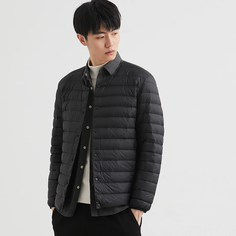 Chaqueta de plumón ultraligera para hombre, chaqueta de plumón de pato blanco 90%, forro cálido, a prueba de viento, portátil, con cuello redondo, abrigo ligero con botones