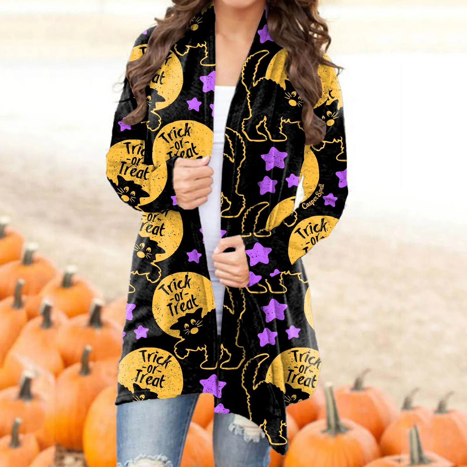 Halloween Skull Pumpkin Print Long Sleeve Cardigans Autumn Winter Casual Open Stitch Long Tops Ladies Elegant Plus Size Cardigan