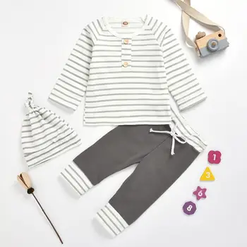 

2020 Summer Children Sets Casual Striped Button T-shirt Patchwork Long Pants Striped Baby Hat 2Pcs Girls Clothes Sets 0-24M