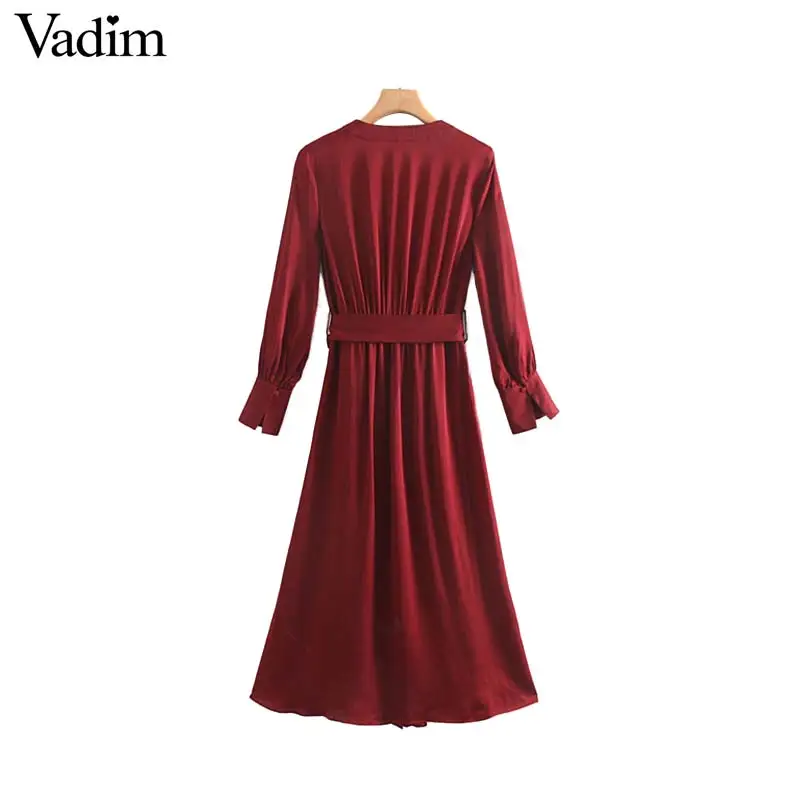 Женское элегантное платье vadim с v-образным вырезом миди платье длинный рукав ремень дизайн плиссированные Женские повседневные стильные платья A line vestidos mujer QC784