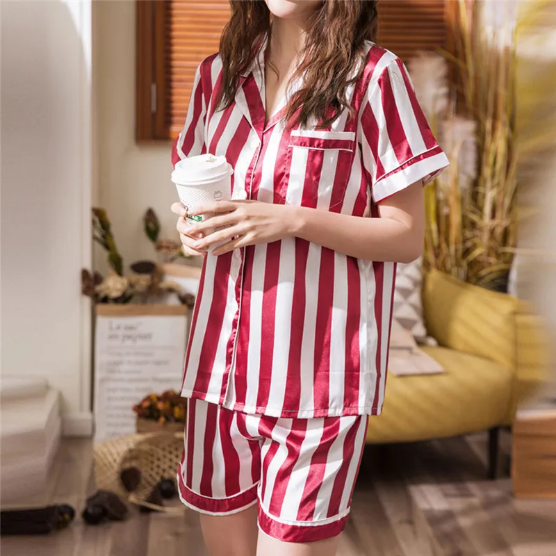 Женский пижамный комплект из искусственного шелка, пижама с длинным рукавом, брюки, две бумажные пижамы размера плюс, летняя домашняя одежда для сна - Цвет: Wine Red