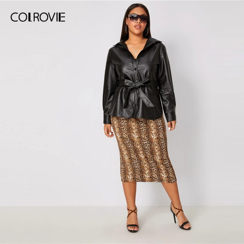 Ideal COLROVIE Plus Button Front Belted PU Leather Jacket Women 2019 Fall Ladies Black Jackets Casual Sin