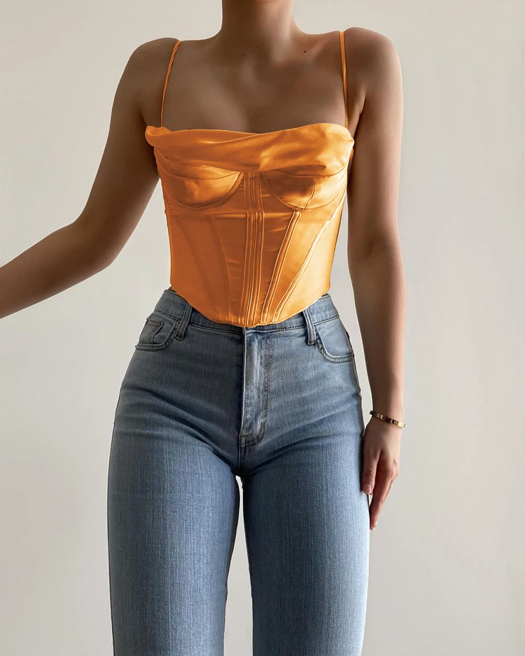 spanx camisole NewAsia Satin Corset Top Spaghetti Strap Lining Cowl Neck Boning Padded 2Layer Backless Zipper Bustier Sexy Crop Tops Women 2021 corset t shirt