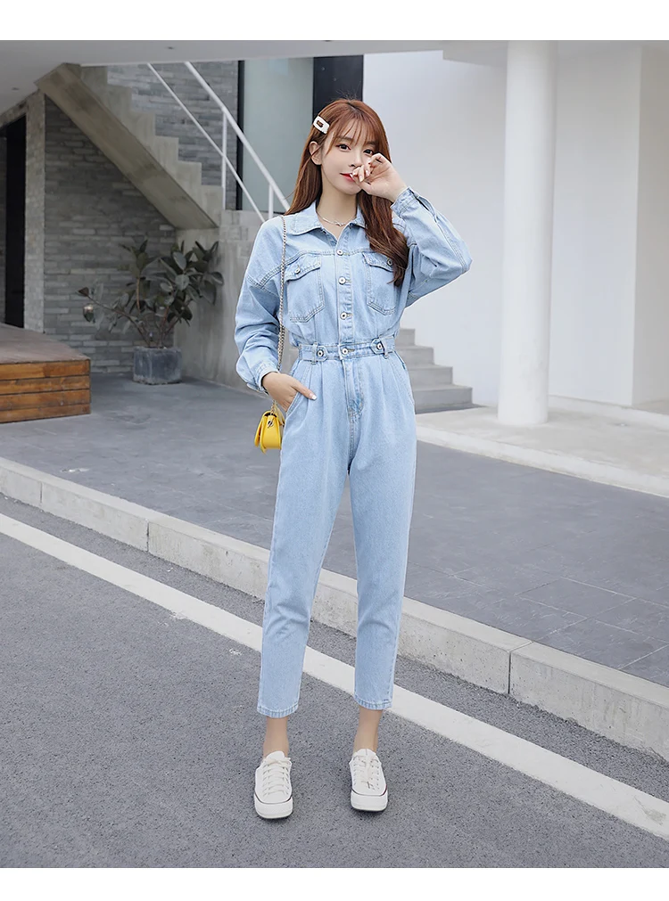 Spring 2020 Women Long Sleeve Jeans Denim Jumpsuit Streetwear Elastic Waist Jeans  Rompers Blue Or Sky Blue Outfit Overalls - Jumpsuits, Playsuits & Bodysuits  - AliExpress