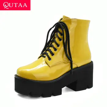 

QUTAA 2021 Platform Keep Warm Ankle Boots Lace Up Zipper Autumn Winter Women Shoes Round Toe Square Heel Short Boots Size 34-43