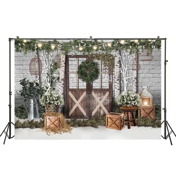 

photography Backdrop White Brick Wall Newborn Baby Kids Photo Background Bulbs Lantern Wood Door Green Vine Christmas W-3398