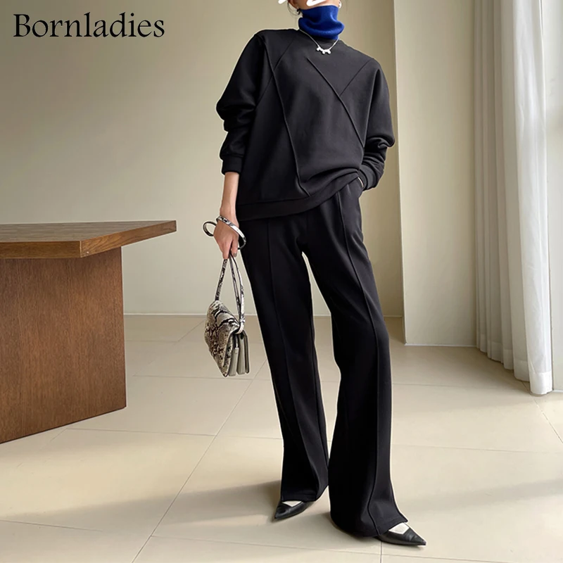 plus size pant suits for special occasions Bornladies 2022 Women Cotton Sweatshirt Suit Oversized Sets Female Stylish O Neck Loose Sweatshirt + Long Pants Suits Sets skirt suit set Suits & Blazers