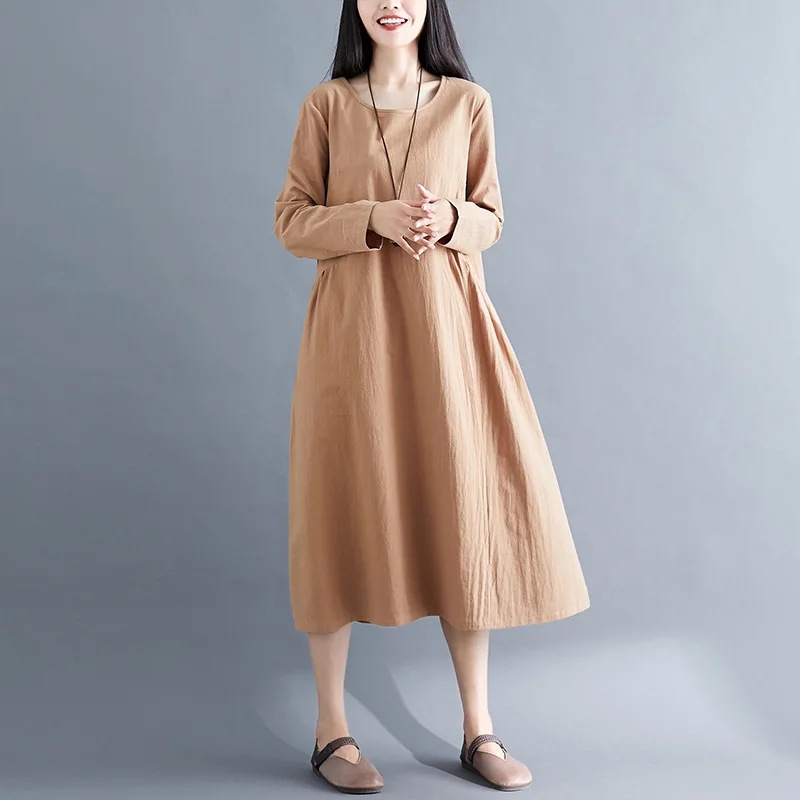 

2020 Spring New Style Retro Solid Color Loose Casual Cotton Linen Large Size Dress Mid-length Long-sleeved Dress Women's