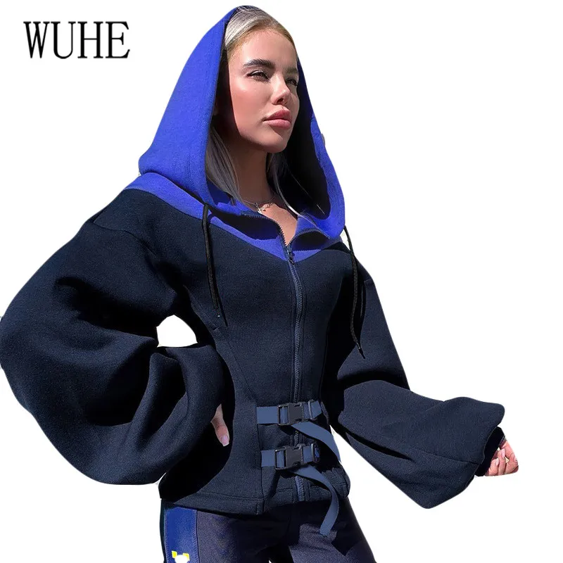 

WUHE Newest Zipper Fashion Hooded & Sweatshirts Elegant Long Sleeve Hollow Out Patchwork New Bag Buckle Femme Hooded Jacket