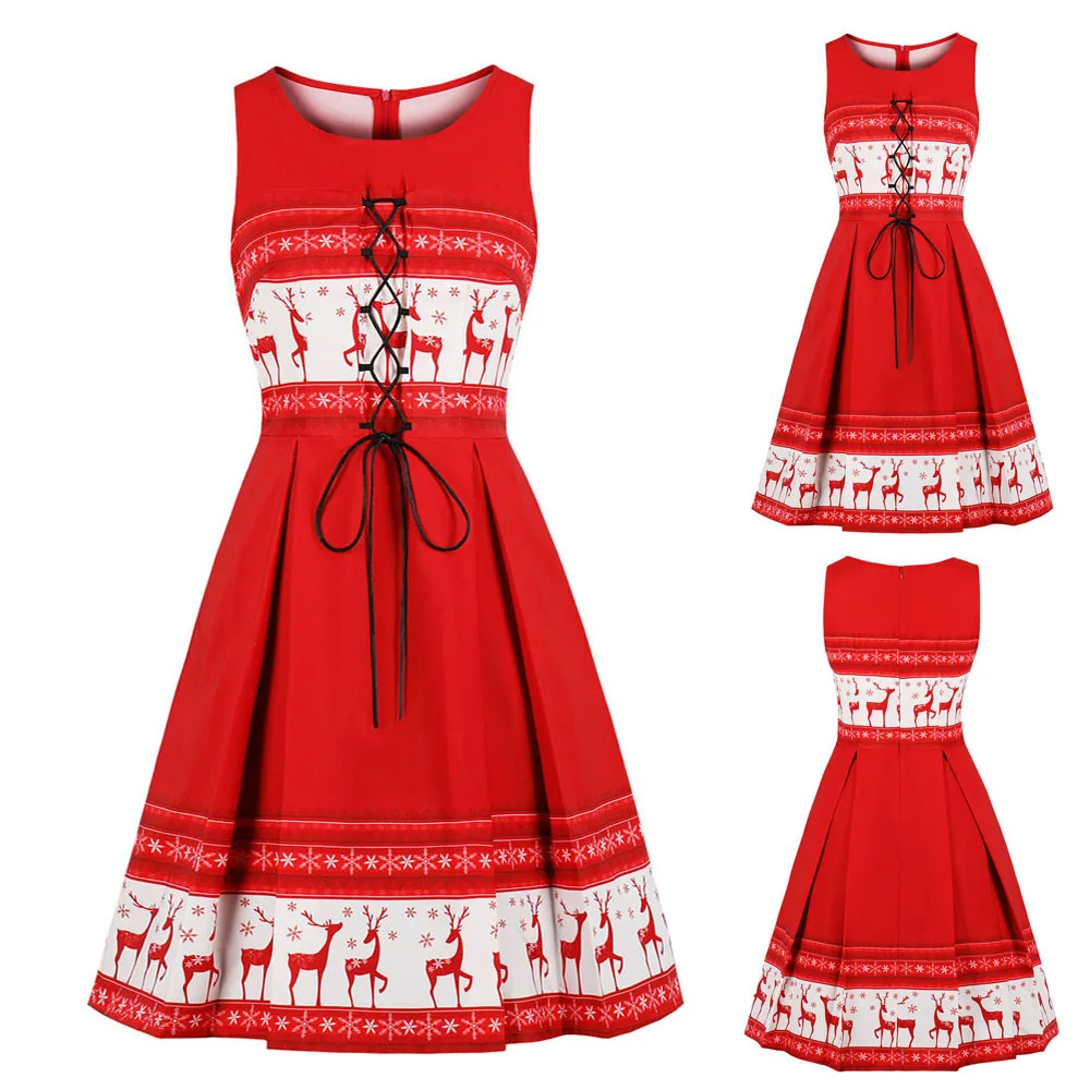 

Fashion Christmas Dress Women winter Sleeveless Christmas Deer Vintage Xmas Party Midi Swing Dresses vestidos de verano#guahao