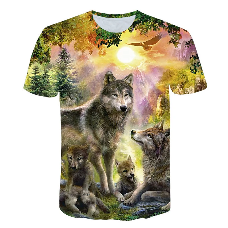 Летняя мужская уличная футболка с круглым вырезом и коротким рукавом, футболки, топы, забавные животные, Мужская одежда, повседневная футболка с 3D принтом волка