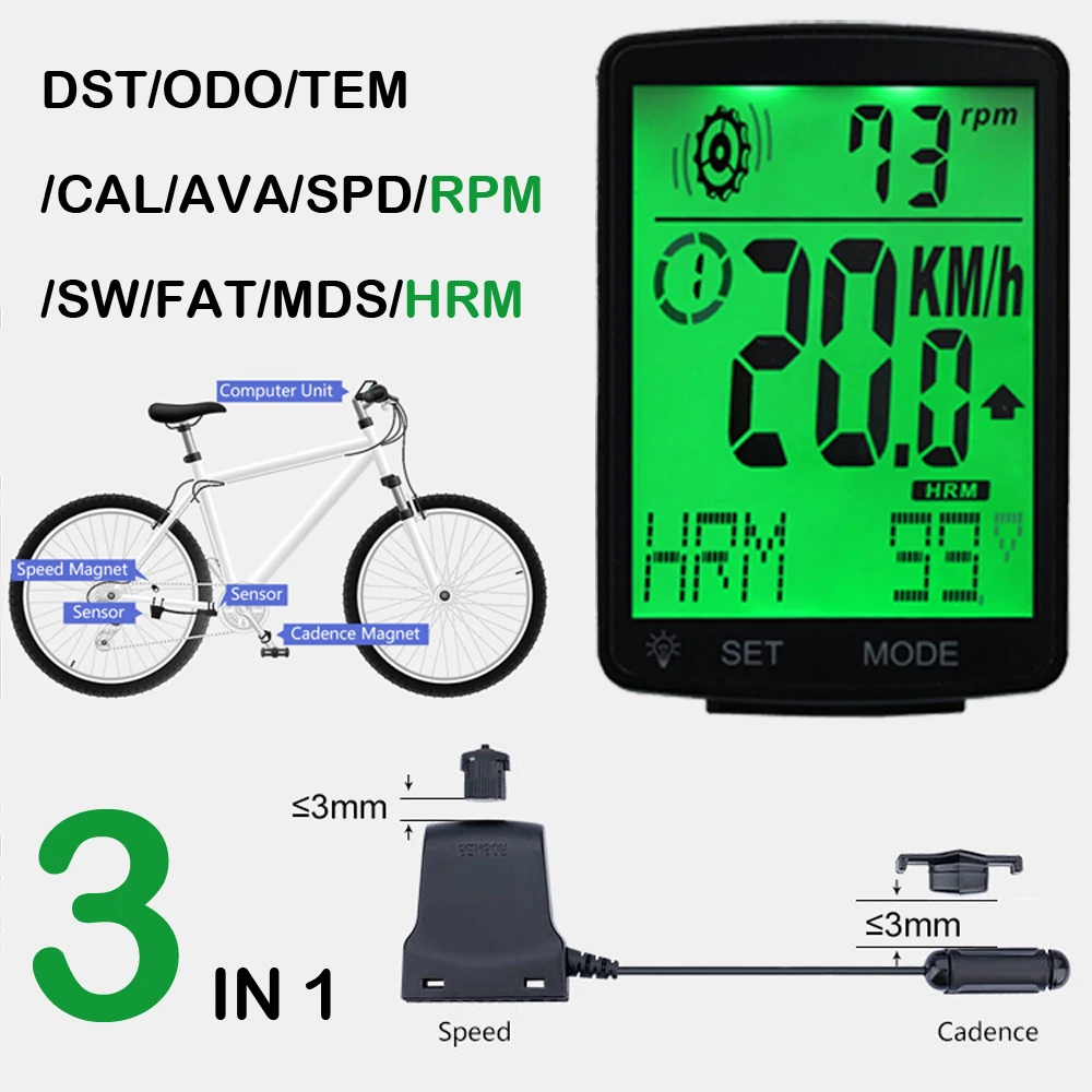 Водонепроницаемый велосипедный компьютер, беспроводной Велосипедный непромокаемый одометр, датчик Каденции, 2,8 дюймов, ЖК-дисплей, велосипедный спидометр, пульсометр