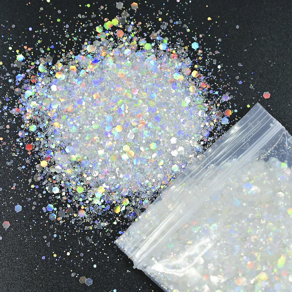 50g Chunky Glitter Holographic Iridescent Opal Fairy Drops Nail Art Unicorn Cosmetic Mixed Hexagon Sequins Manicure Glitter  &*&