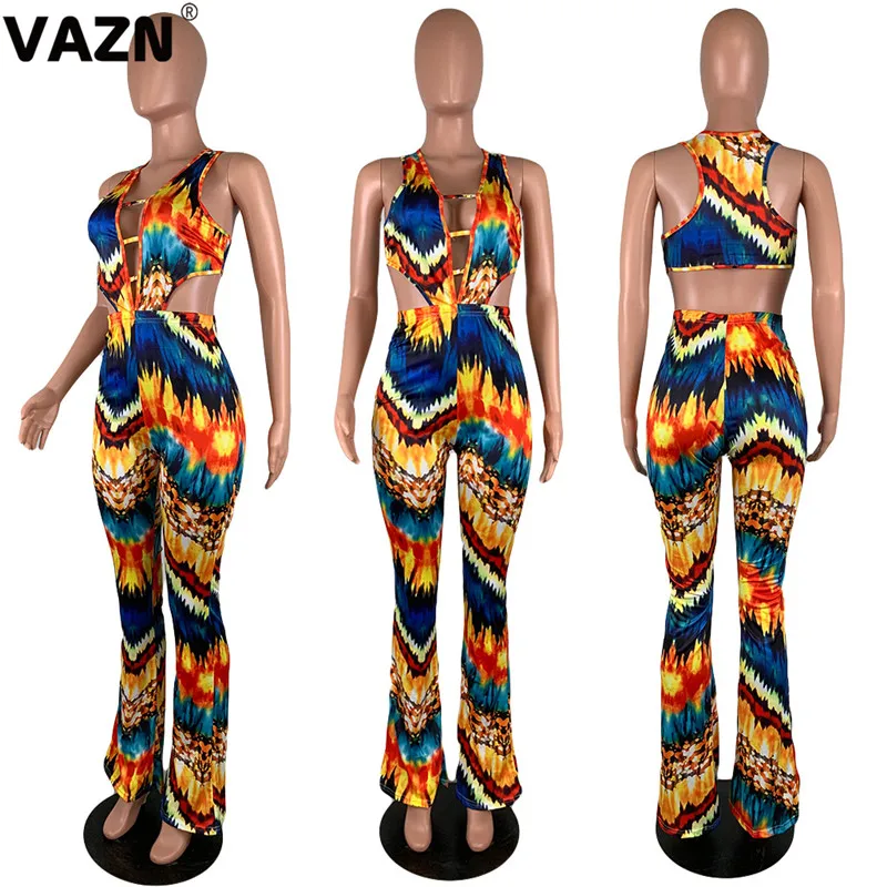 VAZN GDAN18155 high quality girl colorful print jumpsuit sleeveless long pant jumpjsuits halter sexy club bandage wind rompers