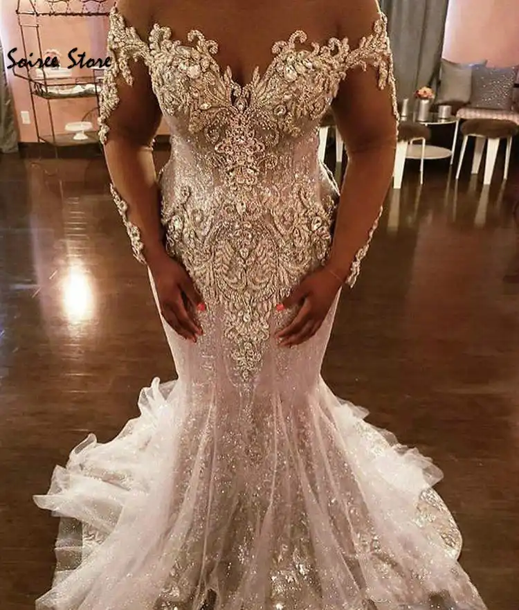 Luxury Plus Size Mermaid African Wedding Dresses With Overskirts Off