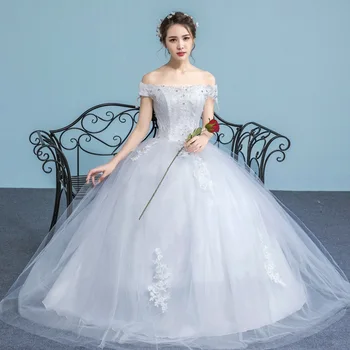 

Fashion Boat Neck Short Tulle Wedding Dresses Lace Up Sweep Train Bride Dress Palace Vintage Simple Wedding Gowns Bryllupskjole