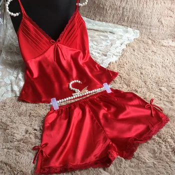 

RED Bride Bridesmaid Evening Pajamas Set Stain Women 2PCS Sleepwear Silky Strap Top&Shorts Sexy Lace 2 PCS Shirt&Shorts