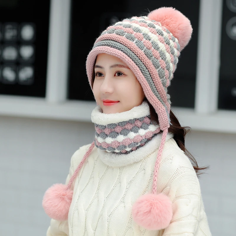 scarf hat set Утепленные лыжные белая шапка для девочек, Новые Модные Меховые помпоны, зимние женские шерстяные шапки в стиле бини, женский теплый шарф+ вязаная шапка - Цвет: scarf hat set
