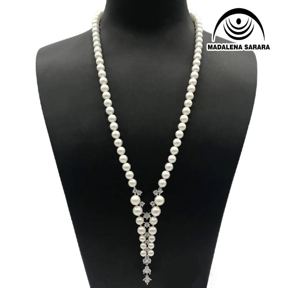 

MADALENA SARARA 8-9mm Luxur AAA Freshwater Pearl Necklace White Pearl Necklace With AAAA Cubic Zirconia Pendant Sweater Necklace