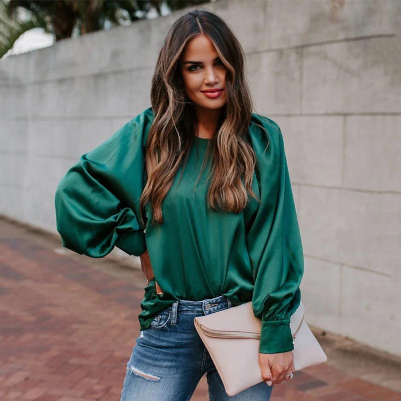 Blusas y tops de mujer de satén verde, blusa vintage de manga larga con farol, blusas elegantes de oficina para Otoño e Invierno de talla grande| Blusas y AliExpress