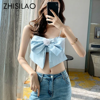 

Hollow Out Crop Top Women Hot Summer Spaghetti Strap Shirts 2020 Sleeveless Bow Tie Sexy Tank Cami Short Women Vest Tops Blue