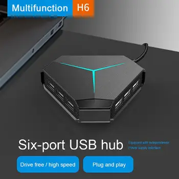 

6 Ports USB Hub Splitter With TF SD Card Reader Mic AUX Cool Light Charging USB 2.0 Hub 1m Cable for Multi-device Desktop Laptop