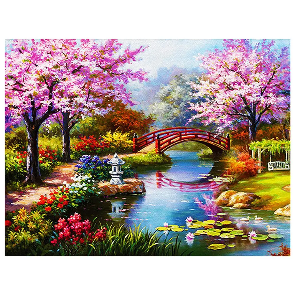 diy 5d diamond embroidery cherry blossom park scenery diamond painting