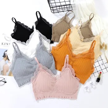 

2020 Lace Patchwork Bra For Women Crop Top Soft Ruffled hem Lingerie Wire Free Seamless Push Up Bra soutien gorge femme