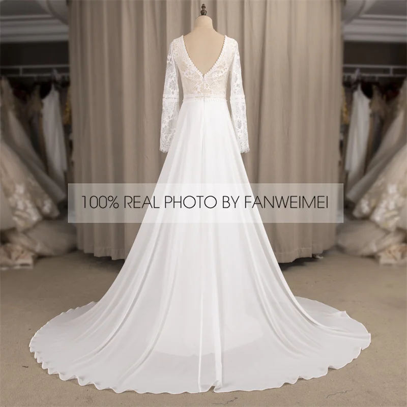 803#2021 New Design Long Lantern Sleeve Empire V-Neck Backless Small Train Beauty Backless Lace Boho Beach Wedding Dresses Women modest wedding dresses