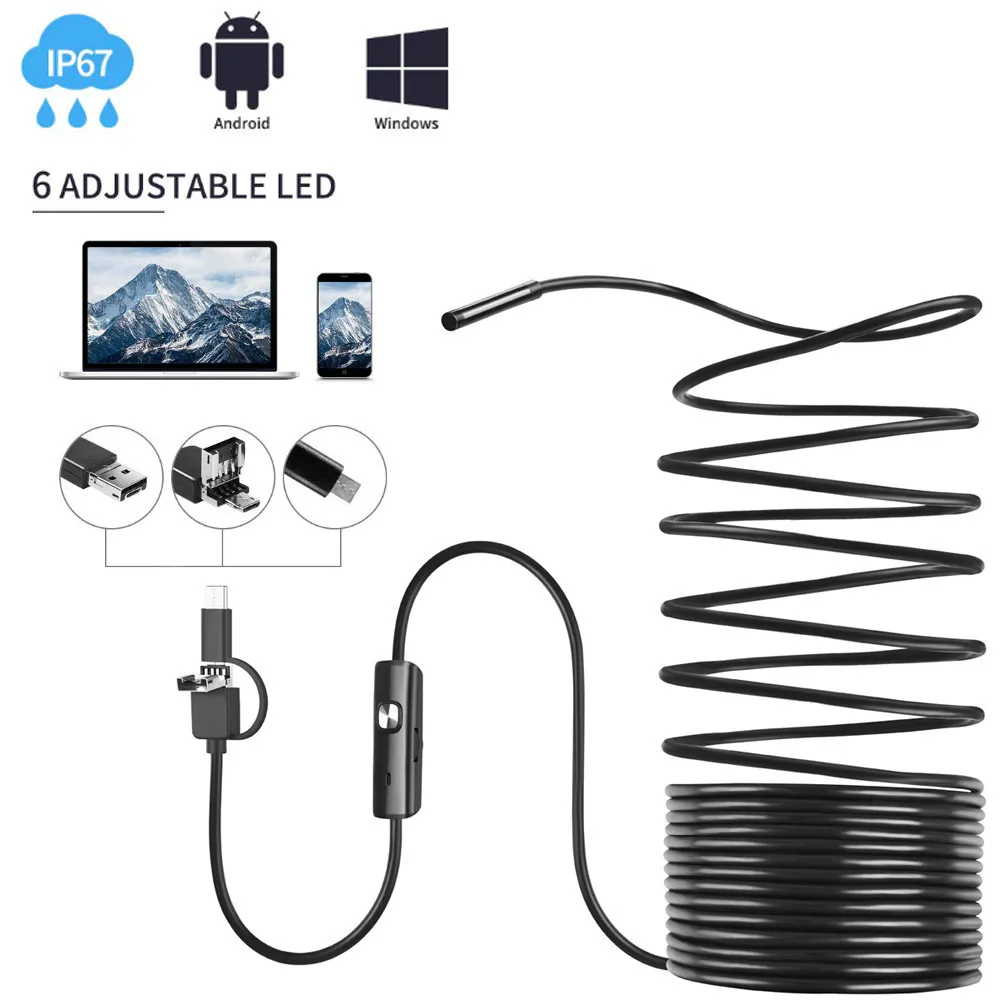 Waterproof HD 2M/7mm Endoscope Lens Mini USB Inspection Camera with 6 LED  Lights Borescope for Android Smartphone/PC/Lapt op