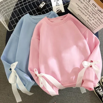 

Women's Autumn Korean Cute Sweatshirts Ins Lazy Style O Neck Long Sleeve Bow Tie Solid Color Fleece Tops Student Sweet Hoodies