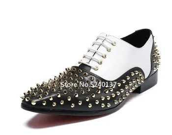 

Rivets Studded Mixed Color Men Dress Shoes Pointed Toe Lace-up Genuine Leather Flat Massage Party/Wedding Shoes Male