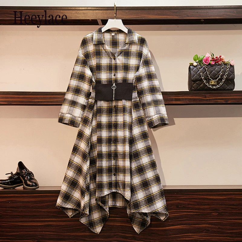 

Plus Size Women Dress Autumn Warm Plaid Midi Shirt Dress Office Ladies V Neck Long Sleeve Casual Irregular Hem Party Vestidos