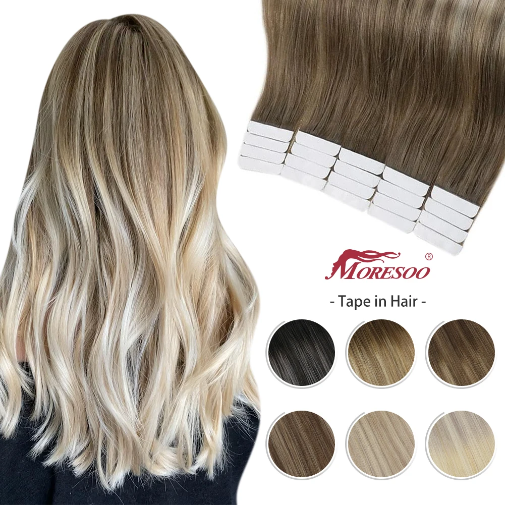 Moresoo Hair Extension Tape in Human Hair 40 Pcs Balayage Ombre Color 100g/pack Machine Remy Skin Weft Brazilian Hair Piece