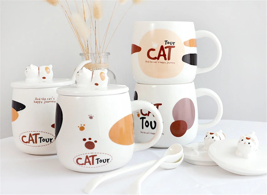 Креативный милый кот кофейная чашка керамическая кружка для молока на завтрак чашка для чая с мультяшным котом вода кафе чашка с ручкой и крышкой