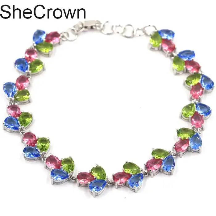 

16x13mm 22.3g Multi Color Peridot Pink Tourmaline Violet Tanzanite Silver Bracelet 7.0-8.0"