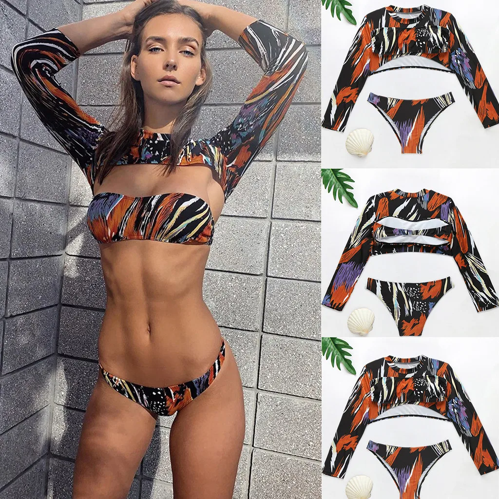 

Sexy Womens Long Sleeve Leopard Bikini Sets Summer Bandage Swimsuits Beachwear Swimwear Swimsuit Push Up Padded Bathing Suits