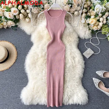 

ALPHALMODA Simple Basic Women Summer Knit Dress Solid Color Pullovers Ladies Mid-calf Casual Bottom Dress